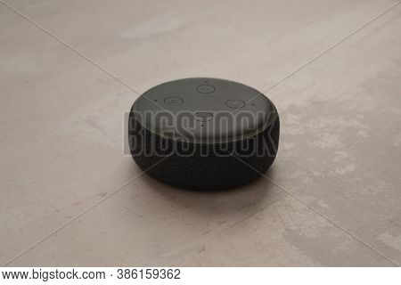London, United Kingdom - September 20 2020: Close-up Of An Amazon Echo Dot, The Virtual Assistant Sp
