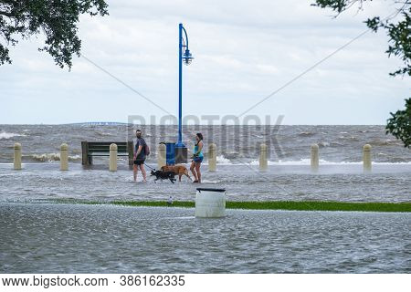 New Orleans, Louisiana/usa - 9/15/2020: Couple With Dogs Wading Through Flooded Lakeshore Drive Duri
