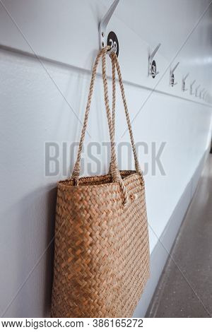 Ecology Living Zero Waste And Sustainable Concept, Straw Natural Material Women Hand Bag Hanging On 