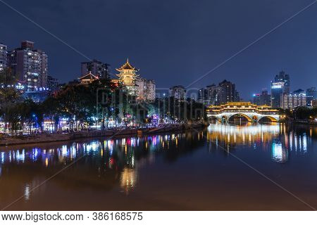 Chengdu, China - Aug 28, 2019: View Of Modern Buildings And Traditional Architecture In Chengdu City