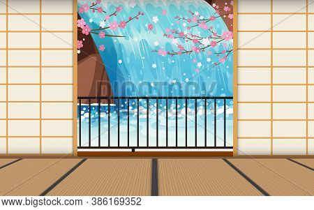 Landscape Of Waterfall At Japenese House On The Mountain