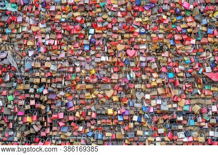 Cologne, Germany - March 26: One Of The Main Tourist Attractions Is The Colorful Love Padlocks Acros