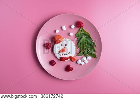 Childrens Breakfast Or Lunch, Snowman Toast With Raspberries, Strawberries, Curd Cheese, Marshmello 