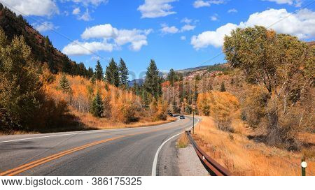Colorful fall foliage by scenic by way 133 in rural Colorado