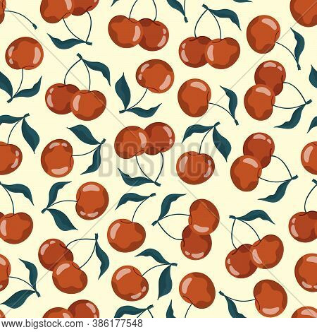 Seamless Pattern With Cherries And Sweet Cherries On A Pastel Yellow Background. Vector Stock Illust