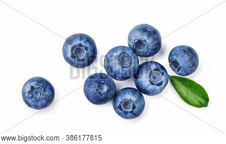 Fresh Blueberries With Bluberry Leaves Isolated On White Background. Top Vew Of Berries.