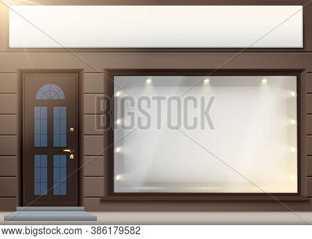 Shop Facade Exterior With Signbord And Big Glass Storefront. Facade Of Granite Wall And Big Window. 