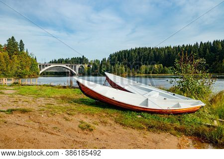 Autumn Landscape Of Bridge And Boats On Kymijoki River In Finland, Kouvola, Koria
