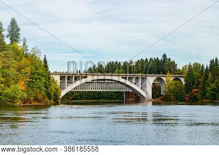 Autumn Landscape Of Bridge And Kymijoki River Waters In Finland, Kouvola, Koria