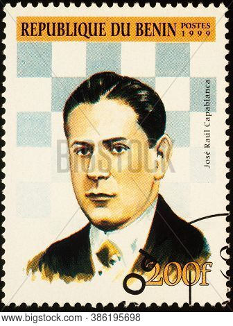 Moscow, Russia - September 19, 2020: Stamp Printed In Benin Shows Portrait Of Jose Raul Capablanca (