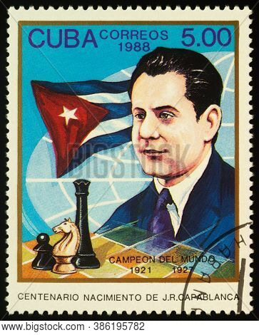 Moscow, Russia - September 18, 2020: Stamp Printed In Cuba Shows Jose Raul Capablanca, Cuban Chess P