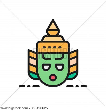 Thailand Traditional Khon Theater Mask, Ravana Head Flat Color Line Icon.