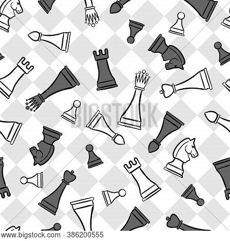 Seamless Chess Pattern. Vector Chess Background. Chess Board With Hand-drawn Figures.