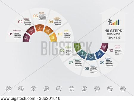 Infographic Business Training Template. Icons In Different Colors. Include Online Training, Consulti