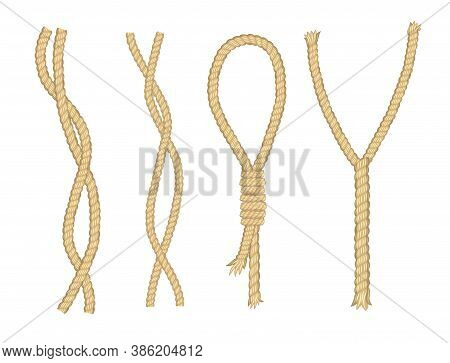 Ropes. Curved Nautical Ropes With Knots Vector Template. Set Of Light Brown Ropes Folded In Differen