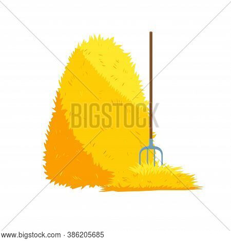 Haystack Isolated On White Background. Flat Vector Illustration Dried Haystack With Fork. Farming Ha