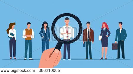 Human Resource. Hand With Magnifying Glass Chooses Candidate From Group, Employee Selection, Recruit