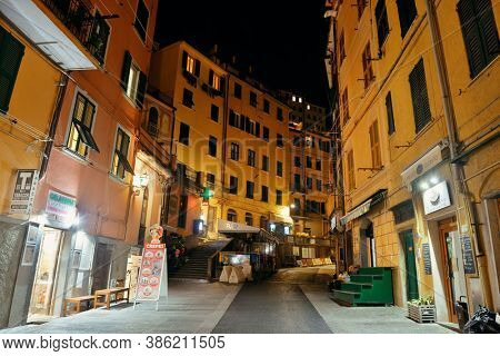 RIOMAGGIORE - MAY 22: street night view on May 22, 2016 in Riomaggiore, Italy. Riomaggiore is one of the five villages in Cinque Terre, a major tourism attraction and UNESCO World Heritage Site. 