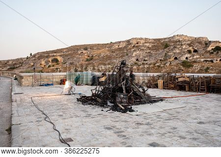 Matera, Italy - September 17, 2019: Bond 25, Scenography Elements Used For Explosion And Fire Scenes