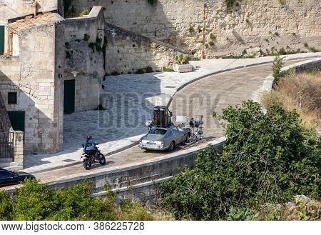 Matera, Italy - September 15, 2019: Bond 25, Aston Martin Db5 While Filming Chase Scenes Through The
