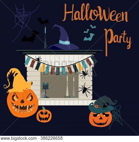 Halloween Home Decoration,brick Fireplace,flags,cobweb. Creepy,spooky Night Party Freehand Vector In