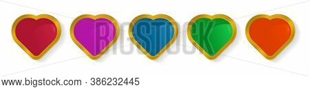Vector Set Of Symbols In The Form Of Hearts Of Various Colors In A Gold Frame, With Shadows And High