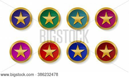 Vector Set Of Icons, Buttons In The Form Of Gold Stars In Colored Circles With A Gold Outline. With 