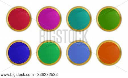 Vector Set Of Buttons In The Form Of A Circle Of Different Colors With A Gold Outline With Shadows A
