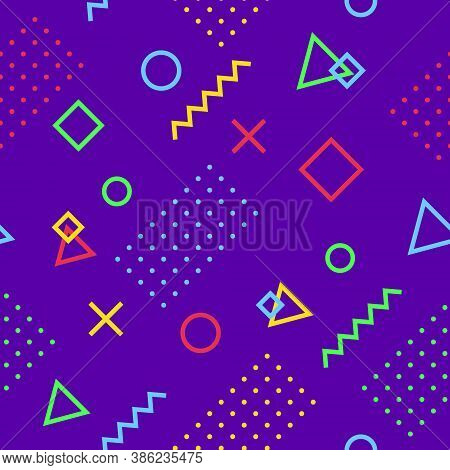 Abstract Memphis Pattern Of Diagonal Geometric Multicolored Shapes And Figures On Purple Background