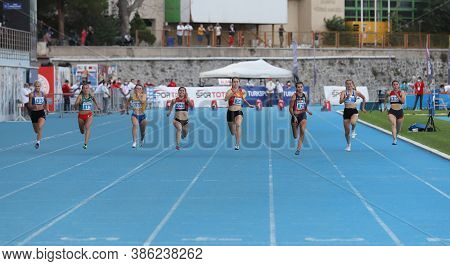 Istanbul, Turkey - September 12, 2020: Athletes Running 100 Metres During Balkan U20 Athletics Champ