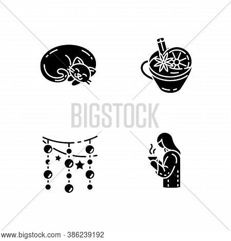 Hyggelig Atmosphere Black Glyph Icons Set On White Space. Winter Hot Drinks. Mulled Wine. Christmas 