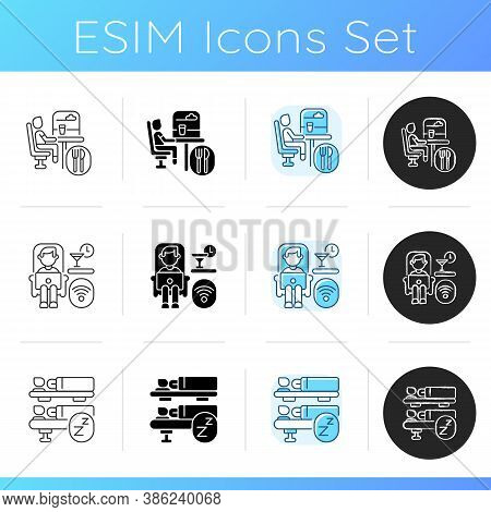 Railroad Travel Icons Set. Linear, Black And Rgb Color Styles. Affordable And First Class Train Serv