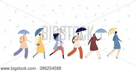 People Walking Rainy Weather. Adult With Umbrella, Man Girl Walk On Rain. Autumn Season Water Drops,