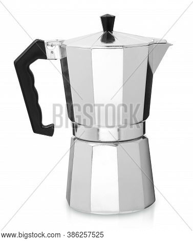 Metal Coffee Maker Isolated, Geyser Coffee Maker On White Background