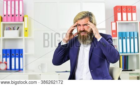 Businessman Feel Pain Headache. Stressful Life. Experience Frequent Headaches Or Migraine Attacks. J