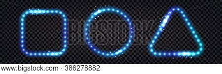 Set Of Led Lluminous Frame Borders With Neon Glow Effect. Blue Glowingi Light And Shiny Glitter Spar
