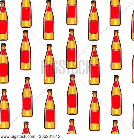 Seamless Pattern Beer Bottle. Lemonade. Alcohol Party Background. Cartoon Style. Hand Drawing Bottle