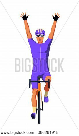 The Cyclist At The Finish Line Is Delighted With The Victory. The Athlete On The Bike Finished First