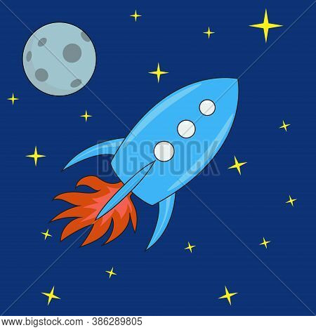 Cartoon Blue Rocket Flies Against A Dark Blue Starry Sky Near The Moon