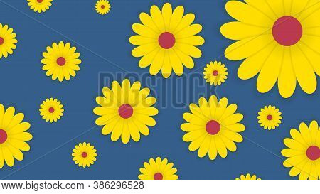 Flowers With Yellow Petals On Blue Background