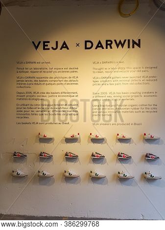 Bordeaux , Aquitaine / France - 09 20 2020 : Veja Sneakers Show Explanatory Panel In Store With Prod