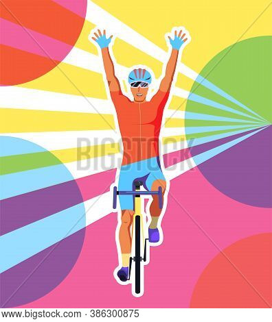 Colorful Illustration Of A Cyclist At The Finish Line Delighted With The Victory. The Athlete On The