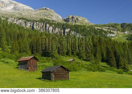 Mountain Landscape At Summer Along The Road To Campolongo Pass, Dolomites, Bolzano Province, Trentin