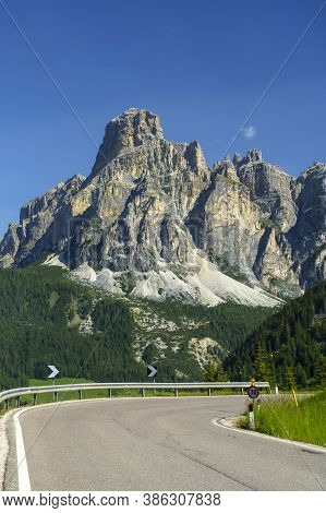 Mountain Landscape At Summer Along The Road To Campolongo Pass, Dolomites, Bolzano Province, Trentin