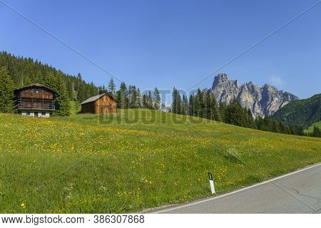 Mountain Landscape At Summer Along The Road To Campolongo Pass, Dolomites, Bolzano Province, Trentin