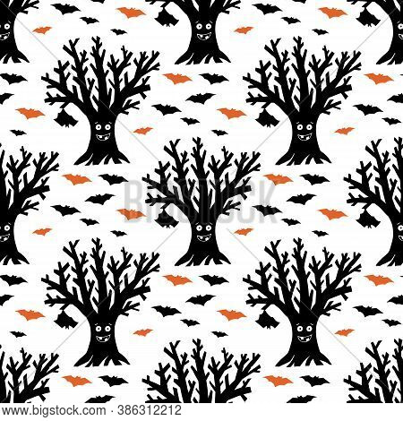 Dry Funny Tree With Hanging And Flying Bats. Halloween Seamless Pattern. Isolated On A White Backgro