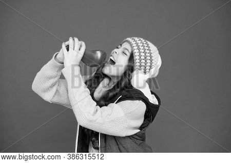Explore The Potential Of Your Voice. Small Child Do Vocal Into Microphone Brush Red Background. Litt