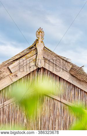 Beautiful Wooden Decoration On The Traditional Fronton House In Danube Delta Region