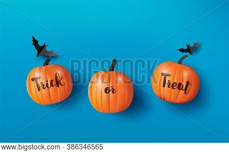 Happy Halloween Greeting Banner With Pumpkins And Bats .paper Cut Style.