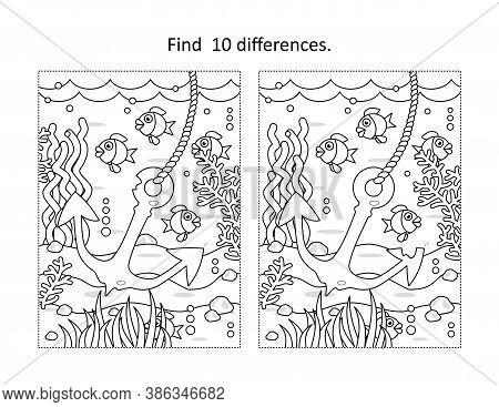 Find Ten Differences Activity Page With Underwater Life Scene And Anchor